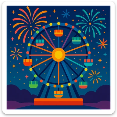 ferris wheel with fireworks, night sky, colorful lights sticker