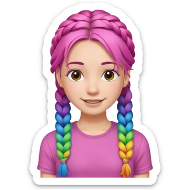 Woman with braided rainbow hair, happy — long braids, pink shirt sticker