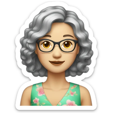 Chinese lady with like Lai gray hair wavy hair to the shoulder length where Chinese dress colourful dress wear glasses sticker