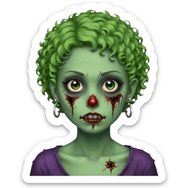 faça uma cabeça verde de zumbi femenina, com im cabelo curtinho cacheado, piercing no nariz, e brincos na orelha e várias cicatrizes, deixe ela macabra sticker