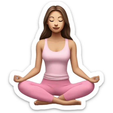 a girl with brown long hair, fair skin and green eyes, meditates in a relaxed lotus position in a comfortable monochrome pink top and monochrome pink leggings sticker