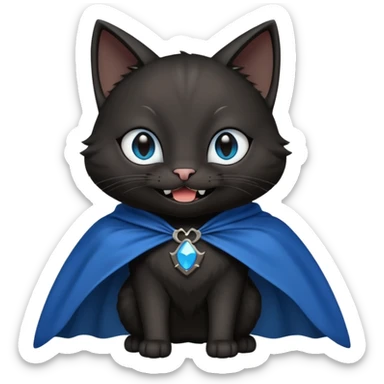 an all black anthropomorphic cat with blue eyes wears an all black cape and is smiling a mischievous sharp tooth grin sticker