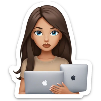 Glamours tanned very beautiful girl with big pump peach lips and dark chocolate straight smooth long hair, blue-grey eyes in brown/beige short sleeves clothing with MacBook sticker