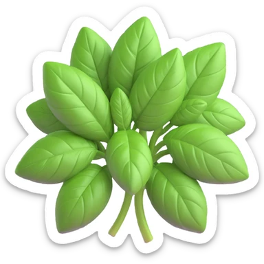 A bunch of fresh basil with bright green leaves, rendered in a 3D volumetric iOS style, on a white background. sticker