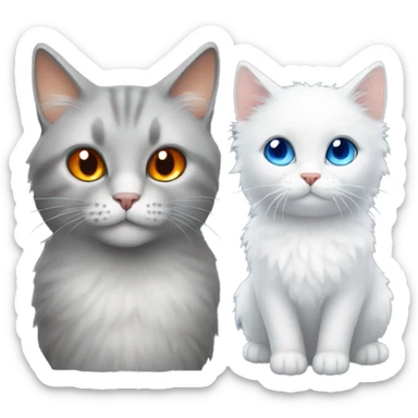 A Fluffy grey cat with orange eyes and a white cat with blue eyes sticker