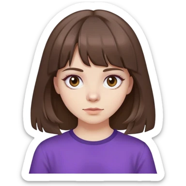 girl brown hair and curtain bangs. brown eyes, pale skin purple shirt  sticker