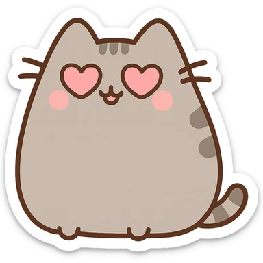 Pusheen the cat with heart eyes, blushing, kawaii style sticker