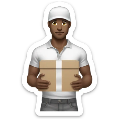 Pale skinned fit Man with dark brown hair in a white cap, gray jeans and gray polo T-shirt keeping a pasted with tape box into his hands sticker