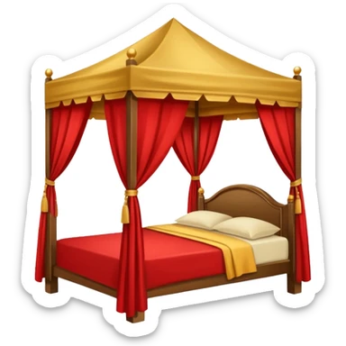 bed with red and gold sheets, wooden, canopy, simple sticker