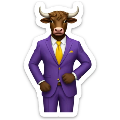 Brown bull with horns standing with 3 piece purple suit yellow tie wearing brown shoes  sticker