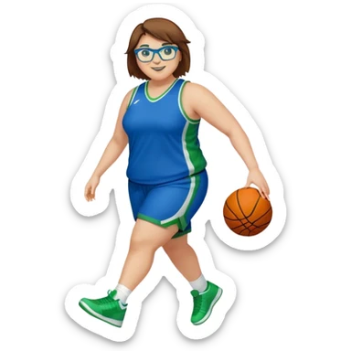 Full Body plus size white female basketball player with short medium brown hair with carmel highlights spike hair wearing blue glasses 
 wide nose wearing blue green uniform  green sneakers smiling  sticker