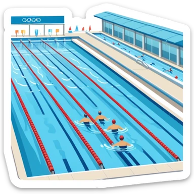 An icon featuring an Olympic swimming pool with multiple lanes and swimmers racing side by side. Splashes and lane dividers highlight the competition atmosphere. Transparent background emphasizes the energy, speed, and intensity of professional swimming events. sticker