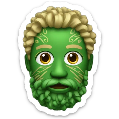 A man wearing a green wooden tribal mask with medium length blonde curly hair and with beard sticker
