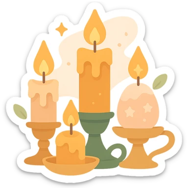 Several cute, glowing candles with flickering flames, set in a cozy and magical atmosphere, designed in a soft color palette: golden orange (FA9B41), deep forest green (4A7C5C), warm taupe brown (96775A), and pastel peach (FFCC9A). The candles are in delicate, slightly vintage holders, with the flames casting a gentle, warm glow. The wax is in shades of golden orange and peach, with subtle gradients, and small decorative patterns or tiny sparkles around them. The soft light from the candles creates a dreamy, enchanting ambiance, surrounded by tiny floating leaves or soft mist. The overall mood is serene, inviting, and magical. sticker