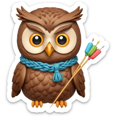 knitting owl portrait, head and shoulders only, cute owl holding knitting needles and yarn, cozy expression, warm handmade vibe, soft feathers, 3D cartoon style, mobile game icon style, clean background, no text, no watermark
 sticker