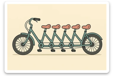 5-seater tandem bicycle side view showing five seats and five sets of pedals, clean modern illustration style sticker