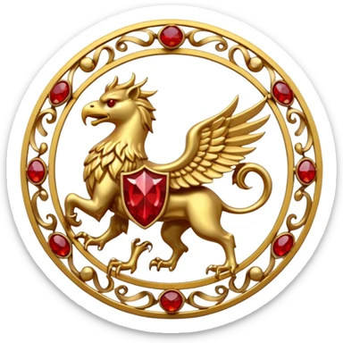 Golden griffin crest / brosch in a circle with red gems and no background sticker