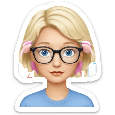 woman 60 very short weavy blonde haire, rectangle glases, blue eyes sticker