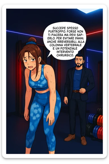 fai questa immagine in versione fumetto/manga/webtoon a colori, il manga mostra l'uomo che risponde alla donne:
Succede spesso purtroppo. 
Forse non ti piacerà ma devi saperlo, per evitare danni, anche irreversibili, alla colonna vertebrale e un potenziale intervento chirurgico. sticker