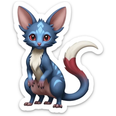 Dark Brown-Oily deep-blue-glittery Minccino-Lykoi-Emolga-Sphynx-Linoone-Zangoose-fusion-hybrid-animal-Fakémon-creature, full body, thin long sleek scaly tail, intricate markings sticker