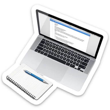 top view of a MacBook and a notebook with a pen nearby, notebook with visible notes sticker