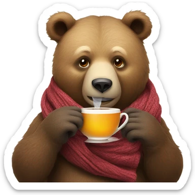 Bear in scarf drinks tea  sticker