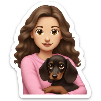  white girl with dark brown long wavy hair in a pink sweater holds a dark brown and cream dachshund long-haired puppy in her arms sticker