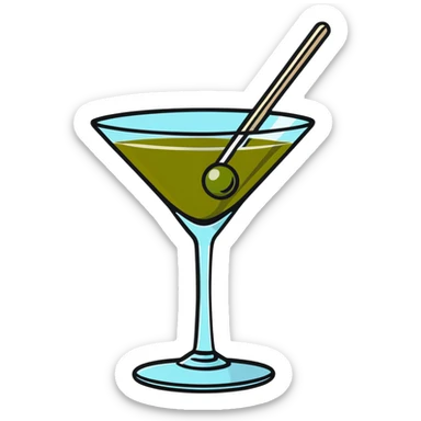 martini glass with crystal clear transparent liquid and an olive at the bottom skewered by a toothpick sticker