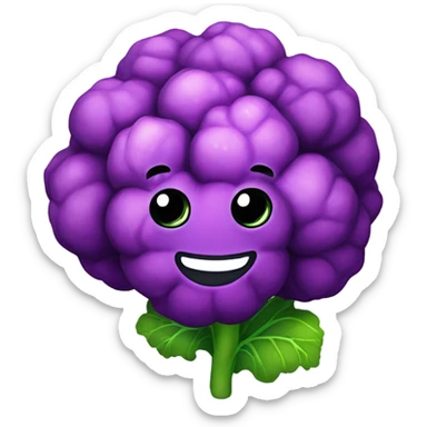  Cheerful purple cauliflower with vibrant green leaves, a cute face with big expressive eyes and a friendly smile, styled in a cartoonish and playful design. sticker