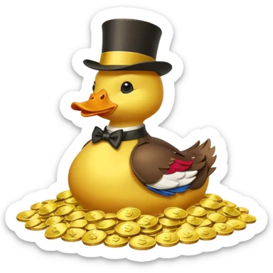 Duck character in top hat swimming in pile of gold coins and money bags sticker