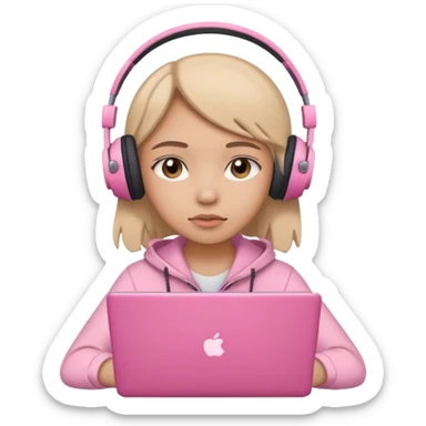 a girl with a pink laptop with headphones, color outline icon style, looking sad sticker