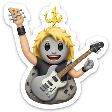 a rock with a happy face that is holding up a rock and roll hand and an electric guitar sticker