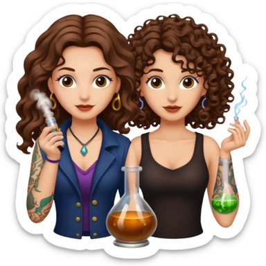 potion combo success — long wavy brown hair tattooed woman and short tight curly brown hair woman — vial connect sticker