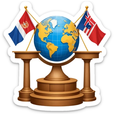 An icon featuring a podium with a speaker, national flags, and voting ballots, symbolizing political science. The design includes a globe and scales of justice in the background, representing governance, global affairs, and political theory. Transparent background emphasizes civic engagement and policy. sticker