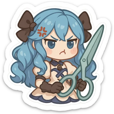Gwen from League of Legends, chibi style, angry emote, oversized scissors, blue hair, pouty face, cute doll-like expression sticker