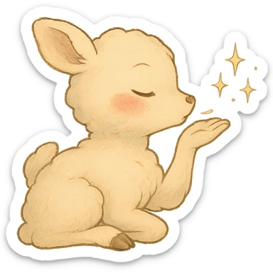 Make the vanilla-colored cloud doe appear to be sleeping, with rosy cheeks, blowing a kiss with sparkles, soft Ghibli style, with no background. sticker