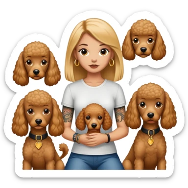 a  girl with glod  straight hair and tattoos and two brown poodle dogs sticker