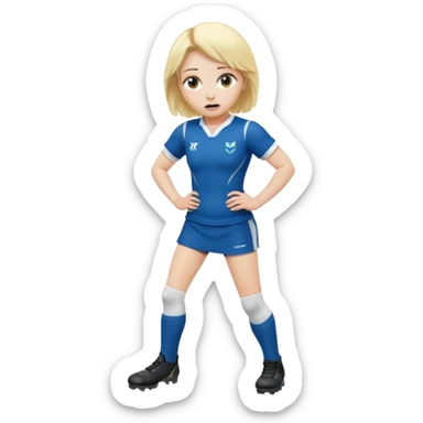chica rubia con cara de miedo vestida con equipación de rugby con unas botas de presoterapia sticker