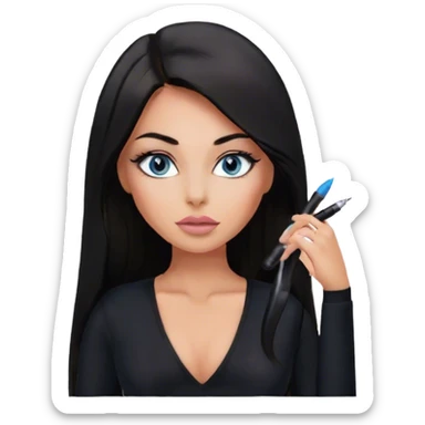 Glamours make-up, tanned, beautiful, girl, with blue eyes, big pump peach-beige-rose lips, eyeliner, long lashes, black straight smooth silky long hair, parting hair in the middle,  in black v-neck bodysuit long sleeves sticker