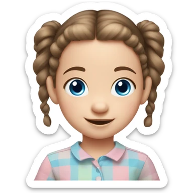 A toddler girl with 2 tiny pig tails on top of her hair with tiny bows, fair skin, blue eyes, brown hair, smiling, wearing a pastel shirt sticker