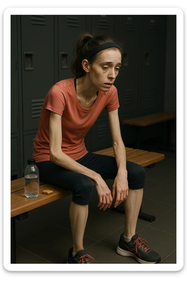3D rendered scene: a woman in her 20s wearing running clothes sits on a bench in a locker room, looking exhausted and weak. Her face shows signs of fatigue, and her limbs appear thin and lacking muscle tone. A water bottle and a small, half-eaten snack are beside her, hinting at insufficient nutrition. The environment is realistic, with a focus on her physical and emotional state. sticker