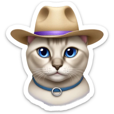 Fat Siamese cat crossed blue eyes lavender cowboy hat sticker