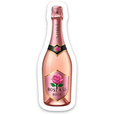 bottle of sparkling rosé with a rose logo on the label, tilted up and to the left, no glass sticker