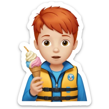 boy kid red haired wearing lifejacket, eating ice cream sticker