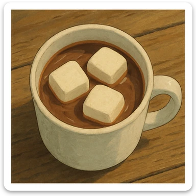 birds eye view of realistic hot chocolate white mug with three big marshmallows in it sticker