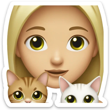 Blonde girl with green eyes holding two cats. One is white with green eyes and the other is a brown tabby sticker