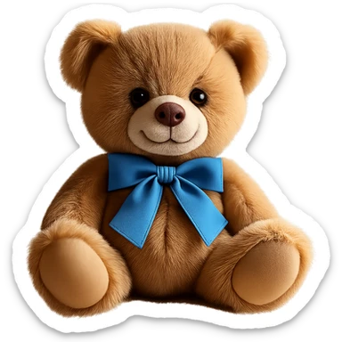 Isolate the realistic teddy bear with a blue ribbon and soft lighting on a transparent background, removing all other background elements. sticker