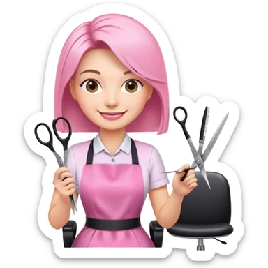 smiling woman client in pink apron sitting in salon chair, female hairstylist smiling behind with scissors sticker