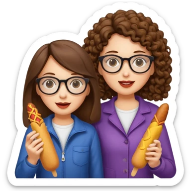 Two brunette girls, one with straight hair, one with curly hair and glasses, eating corn dogs  sticker