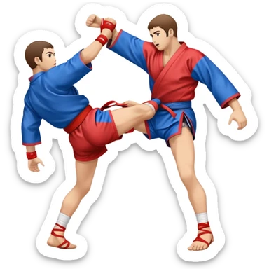 An icon symbolizing Sambo, featuring two fighters in blue and red kimonos with shorts and wrestling shoes. One executes a powerful throw, while the other attempts a defensive grab. The fighters are engaged in a grapple, using joint locks and sweeps.  sticker
